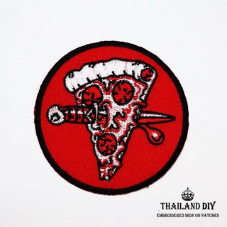 ตัวรีดติดเสื้อ ศิลปะ ฮาร์ดคอร์ มีดแทง พิซซ่า Knife Stab Pizza Patch งานปัก wop DIY ตัวรีด อาร์ม ติดเสื้อ กางเกง กระเป๋า