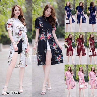 GN11674 **รบกวนสอบถามstockก่อนสั่งซื้อจ้า** Set เสื้อตัวยาวผ่าหน้าลายกุหลาบ+กางเกงขาสั้น