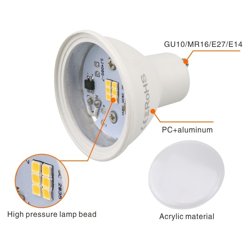 Gu10 MR16 E14 E27 โคมไฟ LED พลาสติก อลูมิเนียม หรี่แสงได้ รูปที่ 5