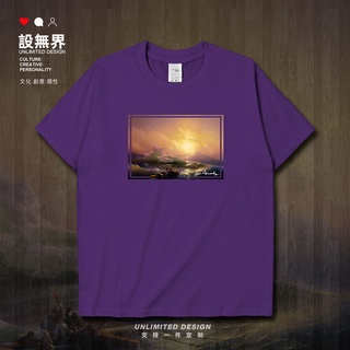 เสื้อผ้าผชเสื้อยืดแขนสั้น พิมพ์ลายภาพวาดสีน้ํามัน Nine Lang Aivazovski แฟชั่นฤดูร้อน สไตล์ฮาราจูกุ สําหรับผู้ชาย และนักเ