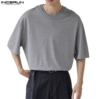 Incerun เสื้อยืดลําลอง คอกลม แขนสั้น ทรงหลวม สีพื้น สําหรับผู้ชาย