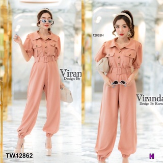 MM12862 จั๊มสูทยาวขาพองแต่งเข็มขัด Long jumpsuit with puffy legs with belt