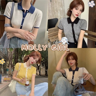 Mollygirl  เสื้อไหมพรมคอปกกระดุมหน้าแต่งขอบสีน่ารักสไตล์เกาหลีเสื้อไหมพรมคอปกตัดขอบกระดุมหน้า 048 cNMg