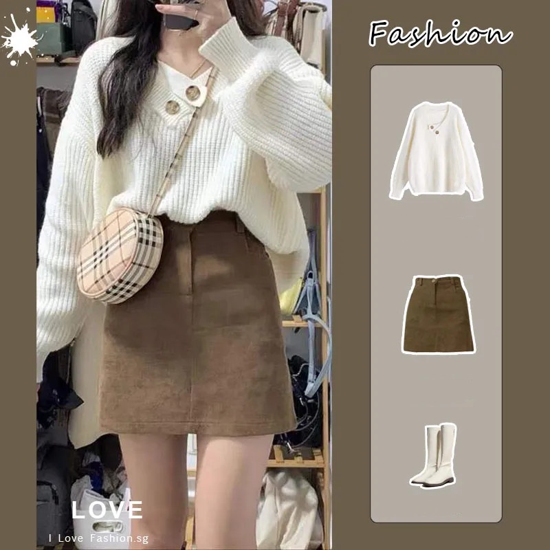 ชุดเซท2ชิ้น แฟชั่นสไตล์ เสื้อแขนยาวไหมพรม+กระโปรงน้ำตาล ผ้านิ่มมาก ใส่สบาย (ขายแยก)