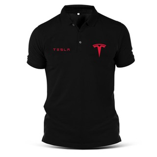 เทสลาTesla เสื้อโปโลผ้าฝ้ายแขนสั้นพิมพ์ลายรถยนต์สําหรับบุรุษ