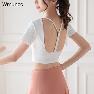 Wmuncc เสื้อยืด คอกลม แขนสั้น ยืดหยุ่นสูง เหมาะกับการเล่นโยคะ ฟิตเนส เต้นรํา สําหรับผู้หญิง