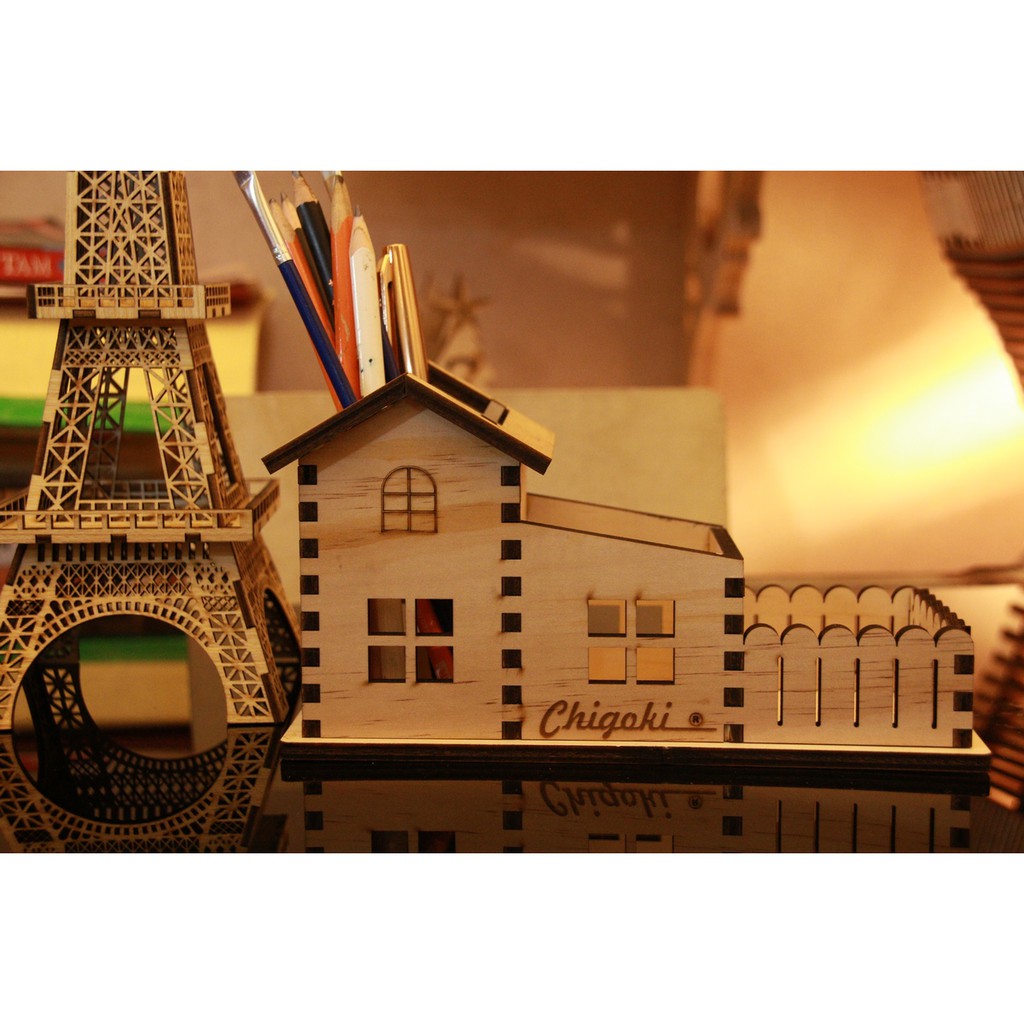 THREE HOUSE-SHAPED WOODEN PEN CASE