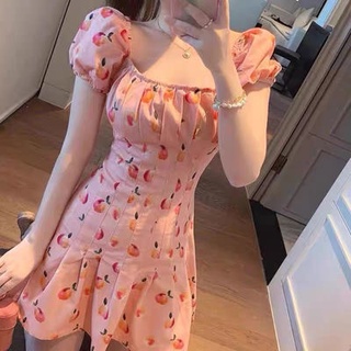 🔥Hot Sale/Peach Pink Dress Spring Temperament Sweet Slim Waist Thin French Square Neck Floral Skirt