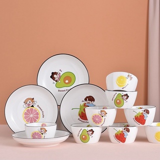  Tableware sweet fruits ชุดจานชาม ชุดจานชามเซรามิค สไตล์ยุโรป ชามลายเซรามิก จานลายเซรามิคกระเบื้อง ลายผลไม้ 1ชุด/12pcs