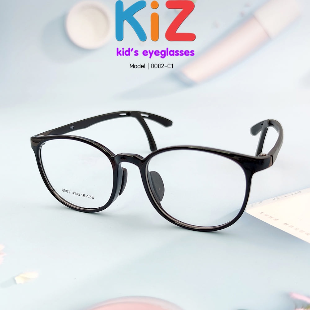 กรอบแว่นตาเด็ก KiZ 8082-C1 สำหรับ เด็กอายุ 8-11 ปี เต็มกรอบสีดำเงา แถมฟรี กล่องแว่นตา