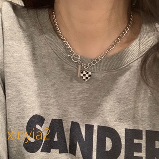 B XINYIA สร้อยคอโซ่ จี้ลายตารางหมากรุก หัวใจ สไตล์ฮิปฮอป สําหรับเสื้อกันหนาว ไหปลาร้า
