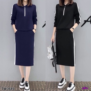 👗Pfashion [ส่งไว!!🚛] P3689 Set เสื้อคอซิปแต่งแถบ + กระโปรง Set zip-neck top + skirt