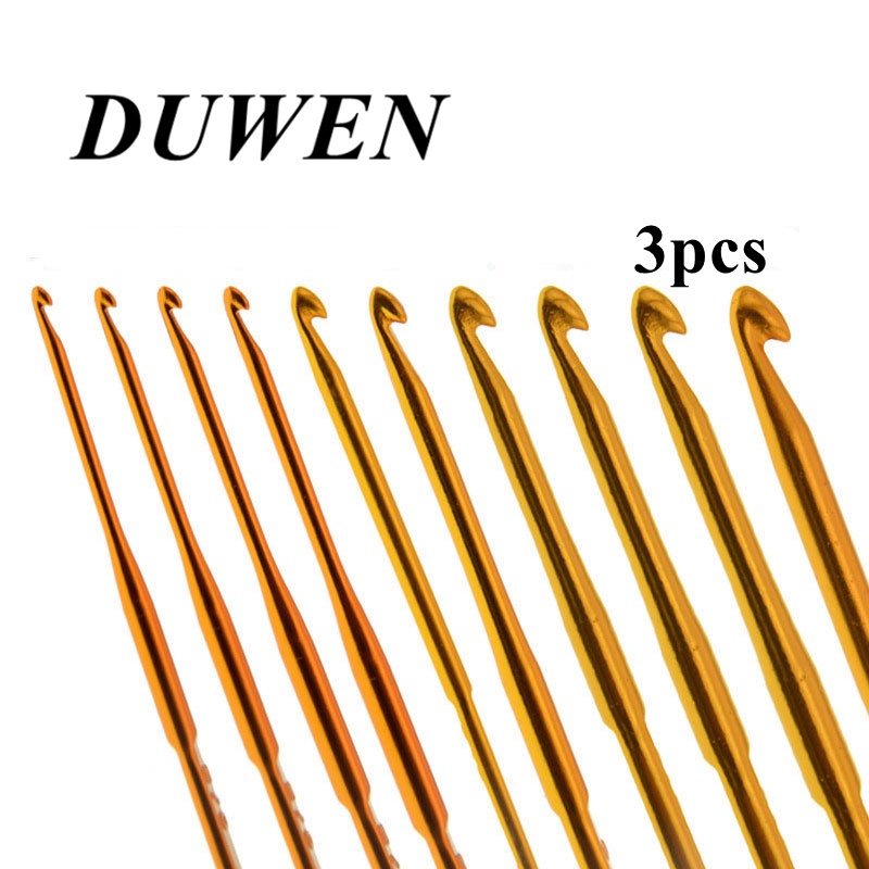 DUWEN 3 In 1 ชุดตะขอเข็มถักโครเชต์ อะลูมิเนียมอัลลอย หัวคู่ สีทอง