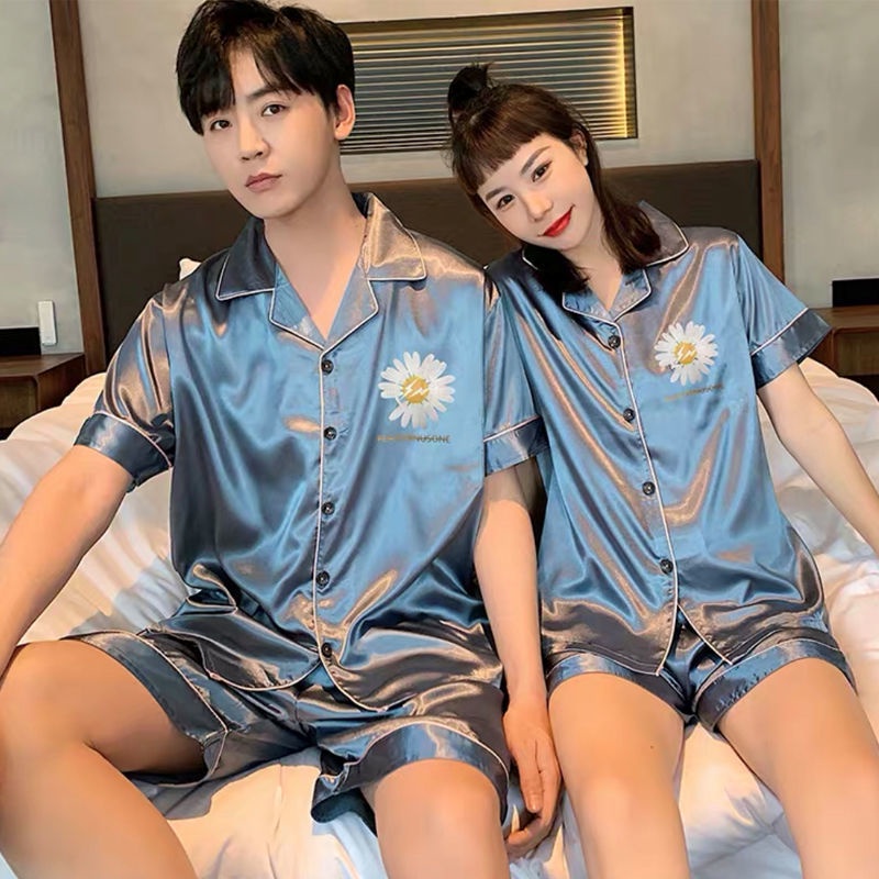 ชุดนอนคู่ผู้หญิงฤดูร้อนบางส่วนแขนสั้นผ้าไหมน้ำแข็งจำลองผู้ชายสุทธิสีแดง ...