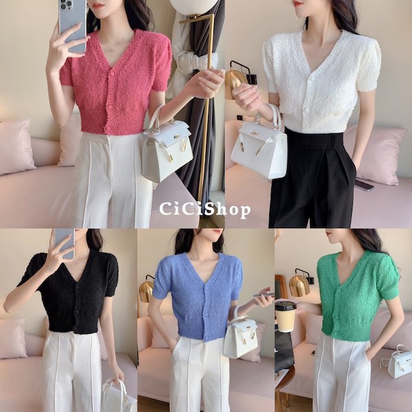 Cicishop(SALE/สุ่ม 2426)เสื้อครอปไหมพรมคอวี เนื้อผ้าเทกเจอร์ขนนุ่มไม่คัน ทรงสวยสุดชิค