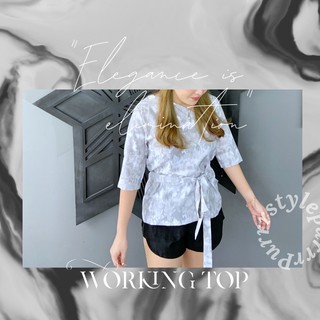 ☕️ Working top ☕️ - เสื้อคอเฉียง ผูกโบว์ลายหินอ่อน | purrrstyle