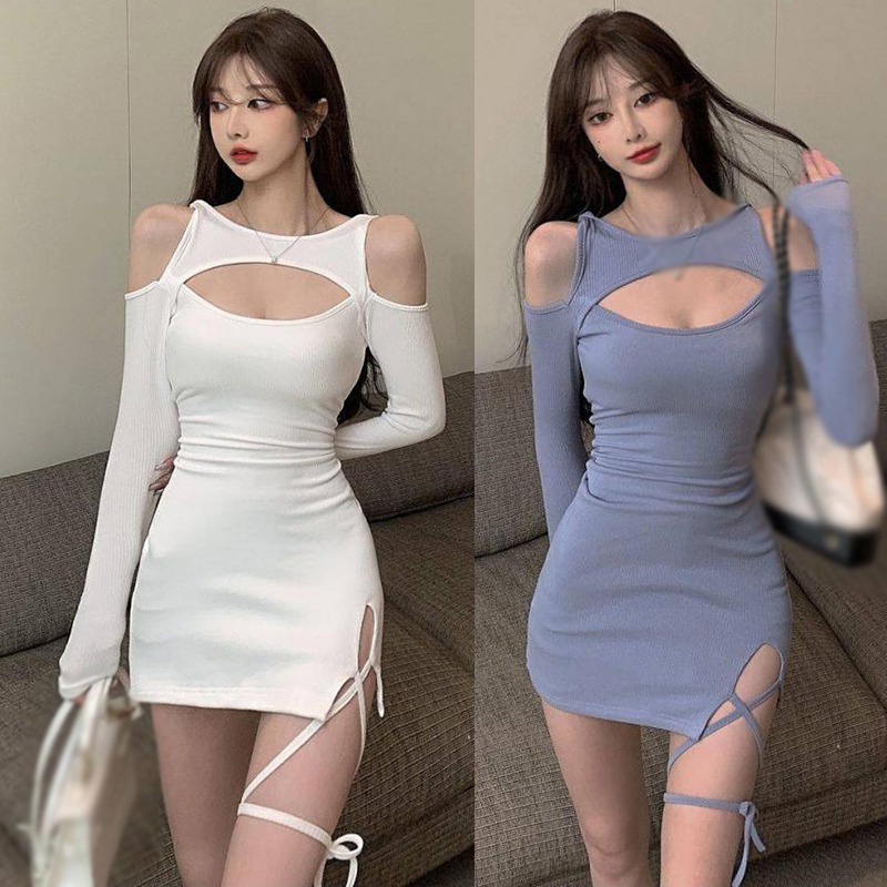 Women Dress Party Dress Self Tie Slim Fit Solid Color Side Split Hollow Out Club Dress Sexy Bodycon Dress