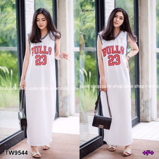 TW9544  เดรสยาวแขนกุด แต่งขอบคอขอบแขน ผ้า Sport Micro สกรีน bull 23 ใส่สบาย