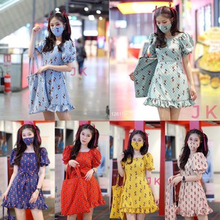 KT12611 Dress เดรสคอเหลี่ยมแขนตุ๊กตา+กระเป๋าผ้า + แมส