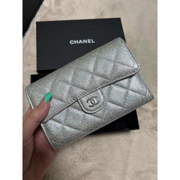 New! Chanel trifold medium  wallet glitter silver holo 31