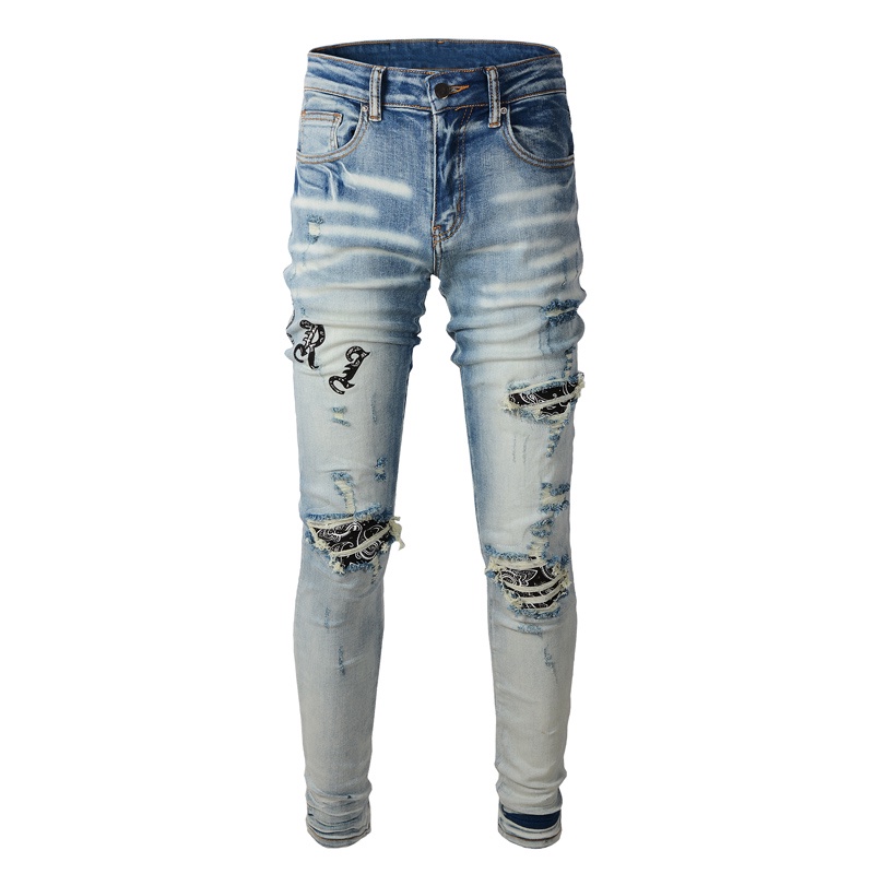 TRENDAMIRI กางเกงยีนส์ผู้ชาย Slim Retro Leather สีน้ำเงิน Ripped #streettrendfashionmendenim