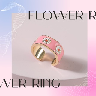 แหวนดอกไม้สีชมพู Pink Flower Pattern Cuff Ring