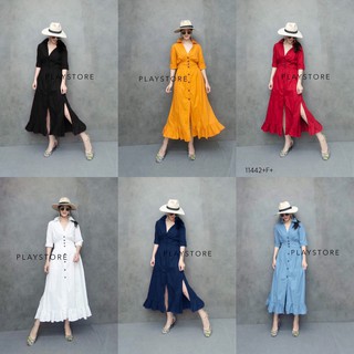 J11442 Maxi Dress แม็กซี่เดรส แขนศอก กระดุมหน้า