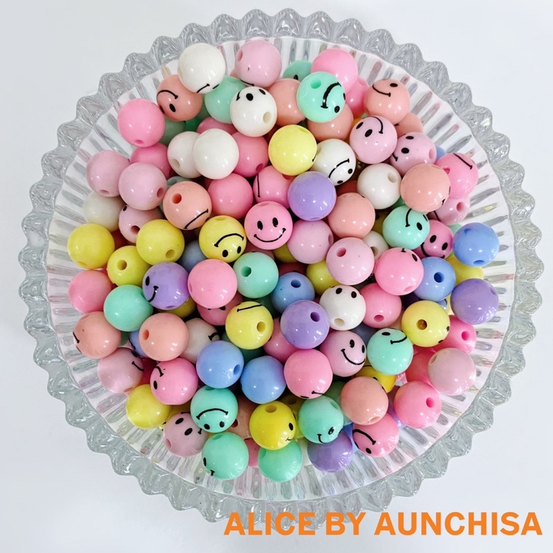 [ส่งจากไทย ] ลูกปัดกลมหน้ายิ้ม ตัวแต่งกลมหน้ายิ้ม สีพาสเทล คละสี 45 ชิ้น