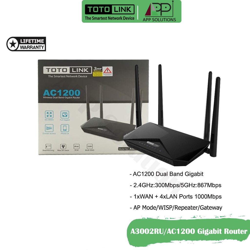 TOTOLINK Router Gigabit Dual Band AC1200 รุ่นA3002RU V.2(ประกันLifetime)