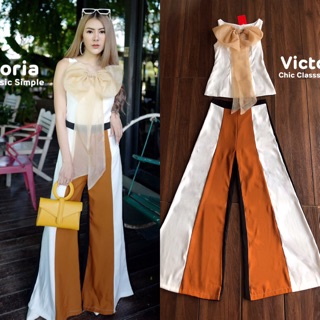 VICTORIA DETAIL :: เซ็ตเสื้อแขนกุดสีขาวแต่งโบว์ใหญ่ด้านหน้า มาคู่กับกางเกงขายาวแถวส้มสลับขาง