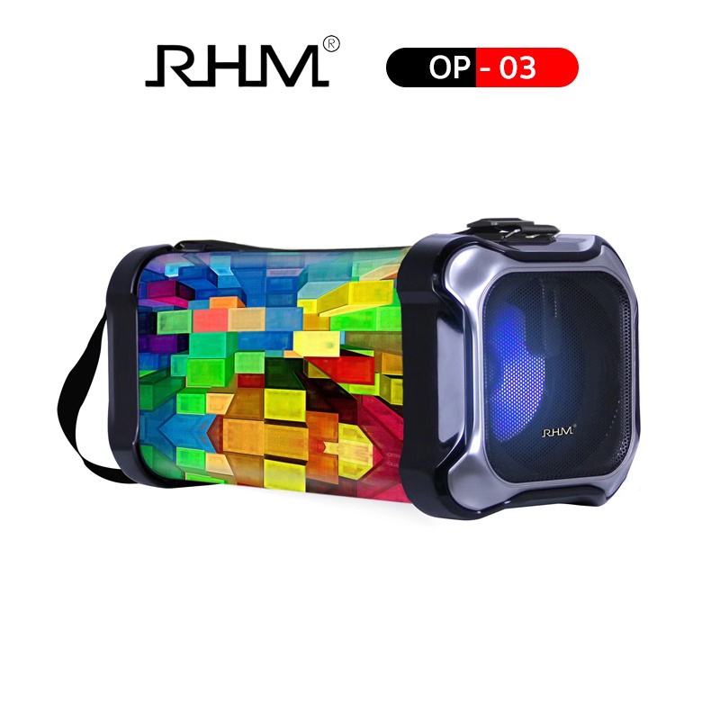 ลำโพงบลูทูธพกพา RHM รุ่น OP-03 กำลังขับ 30W Bluetooth/FM/USB/TF/AUX Multimedia Speaker ลายสี่เหลี่ยม