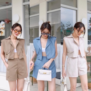 NEW!! BLAZER VEST STYLE🥯 (490฿ฟรีส่ง) ชุดเซทสไตล์เสื้อเสื้อคลุมแขนกุด ใส่คู่กับกางเกงขาสั้น น่ารักมากๆค่า ป้าย glam