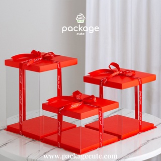 ฐานสีแดงฝากระดาษ กล่องเค้กใสทรงสูง มีขนาดครึ่งปอนด์-9ปอนด์