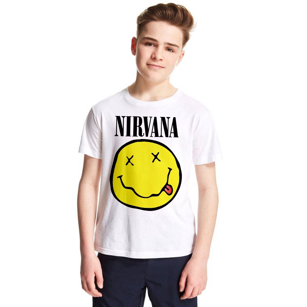 เสื้อยืด แขนสั้น ลายหน้าการ์ตูน Nirvana หน้ายิ้ม สําหรับเด็กผู้ชาย และเด็กผู้หญิง