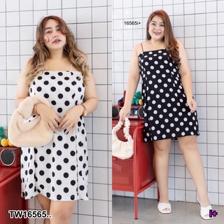 MF16565  #Bigsize Dress สายเดี่ยวด้านหลังเป็นซิบ ตีเกร็ดด้านหน้า ทรงสวย น่ารักมากๆ ผ้าไหมอิตารี่ลายจุด ดีเทลงานละเอียดมา