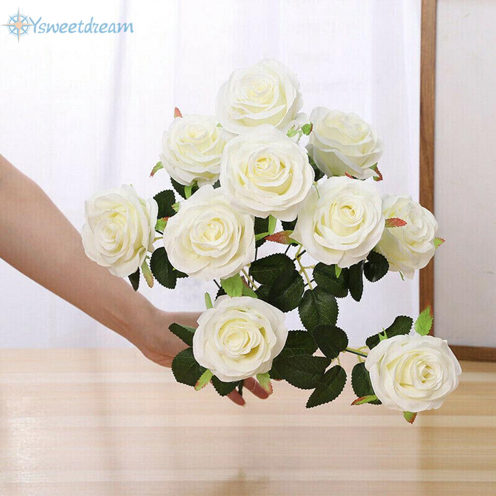 10 Heads Artificial Rose Bouquet Silk Fake Flowers Wedding Party ...