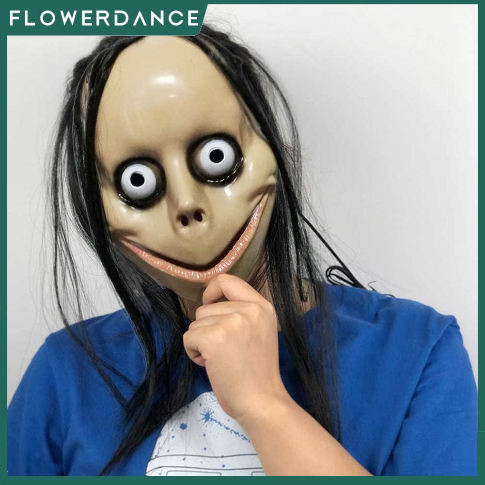 น่ากลัวฮาโลวีนหน้ากากความหวาดกลัวผีปีศาจหน้ากากงานเต้นรำน่ากลัวยาวสีดำผมผีหน้ากากหมวกตาโตยิ้มปีศาจระบายอากาศ P Rop Flowerdance