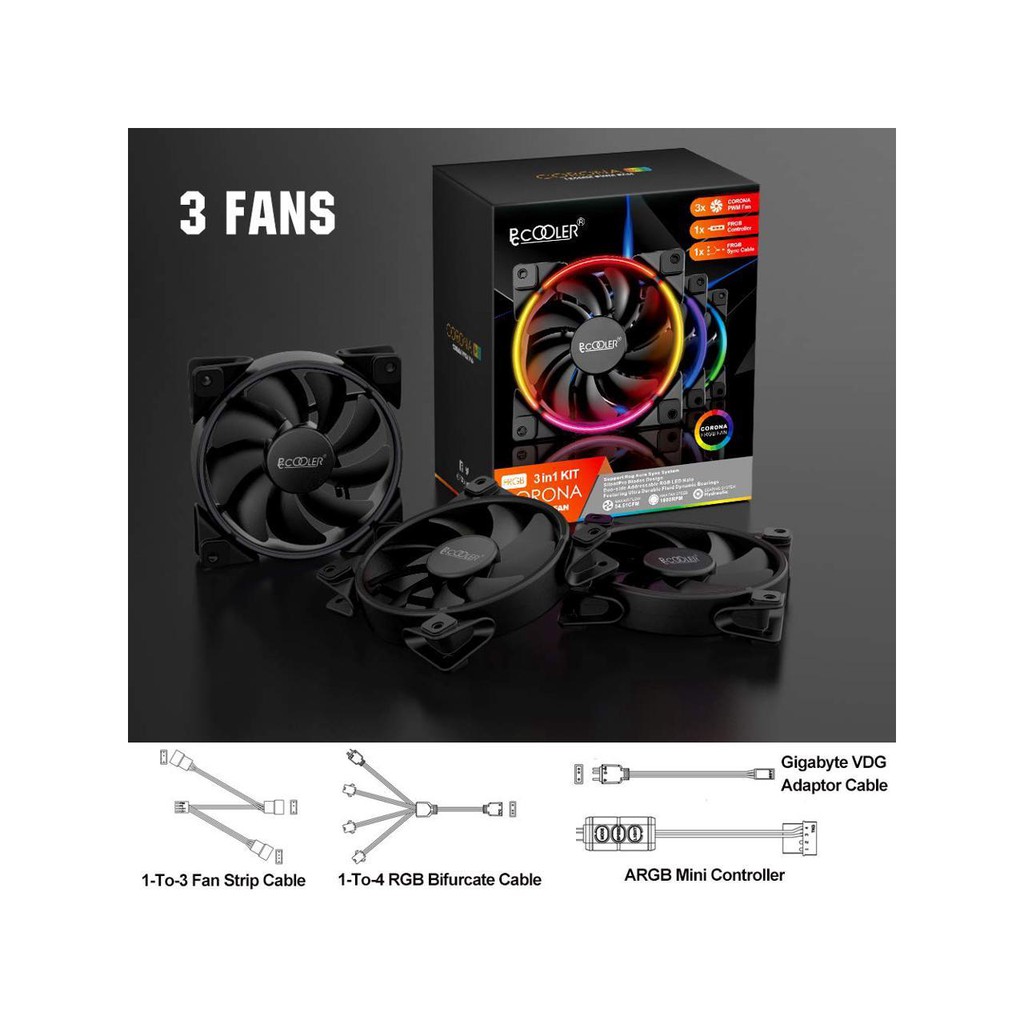 PcCooler CORONA FRGB 120mm PWM Fan Case 3in1 Kit ARGB with controller - Double-sided #Pc Cooler
