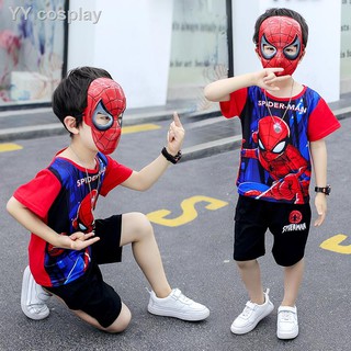 ชุดสไปเดอร์แมน เด็กและผู้ใหญ่ spiderman ชุดซุปเปอร์ฮีโร่ ชุดแฟนซีเสื้อผ้าเด็กฤดูร้อนชุดเด็กผู้ชายแขนสั้นเสื้อผ้าเด็ก Spi