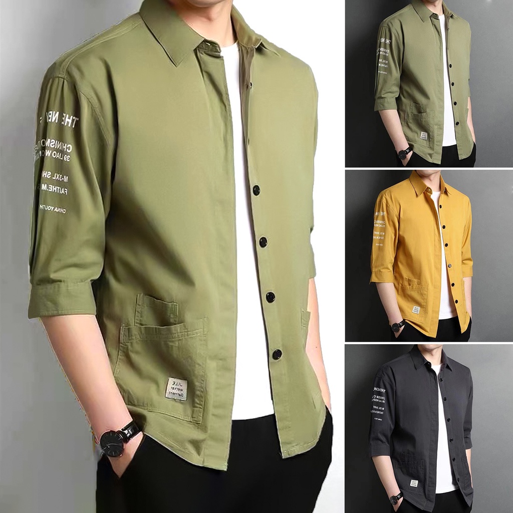 เสื้อเชิ้ตแขนสามส่วนลําลอง แต่งกระเป๋า สไตล์เกาหลี แฟชั่นฤดูร้อน สําหรับผู้ชาย