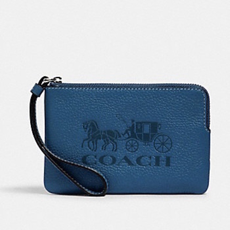 พร้อมส่ง แท้ % New คล้องมือ 1 ซิป S JES CORNER ZIP WRISTLET WITH HORSE AND CARRIAGE (COACH 3580) SV/BLUE JAY