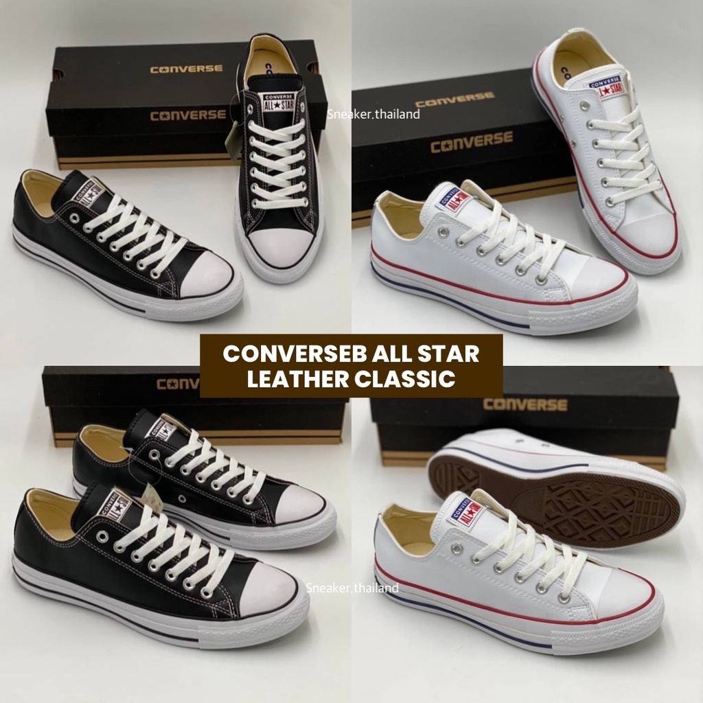 Converse All Star Leather งานหนังสีดำ/สีขาว (รุ่นใหม่!) รองเท้าผ้าใบ รองเท้าผู้ชายและผู้หญสินค้าพร้อมกล่อง
