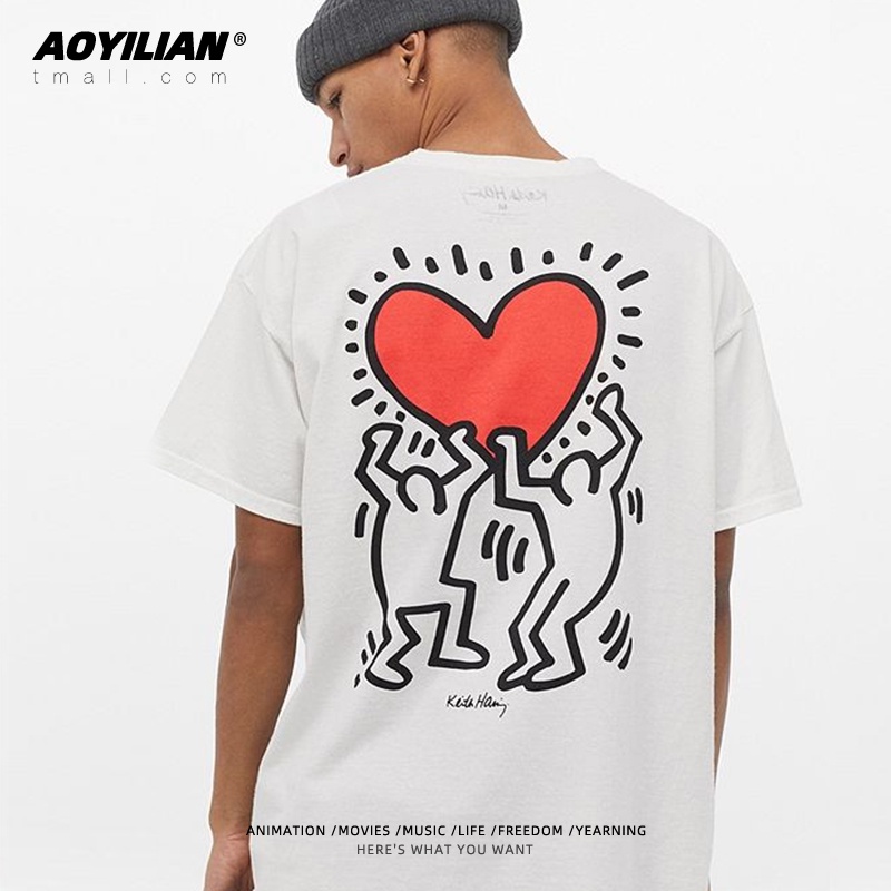 Keith Haring joint Keith Haring เสื้อยืดแขนสั้นคู่ผู้ชายและผู้หญิงผ้าฝ้ายแท้หลวมฤดูร้อนครึ่งแขนน้ํา