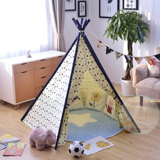 เต้นท์ผ้าเด็ก Twinkle Star 5 เสา KID TENT ผ้าสีเหลืองอ่อน คาดด้วยดาวน้อยสีนำ้เงินทั้งผืน รุ่น T5#001
