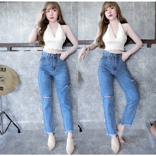 My vintage jeans กางเกงยีนส์ผู้หญิง ทรงบอย เอวสูง ปลายขาตัดรุ่ย กางเกงแฟชั่น