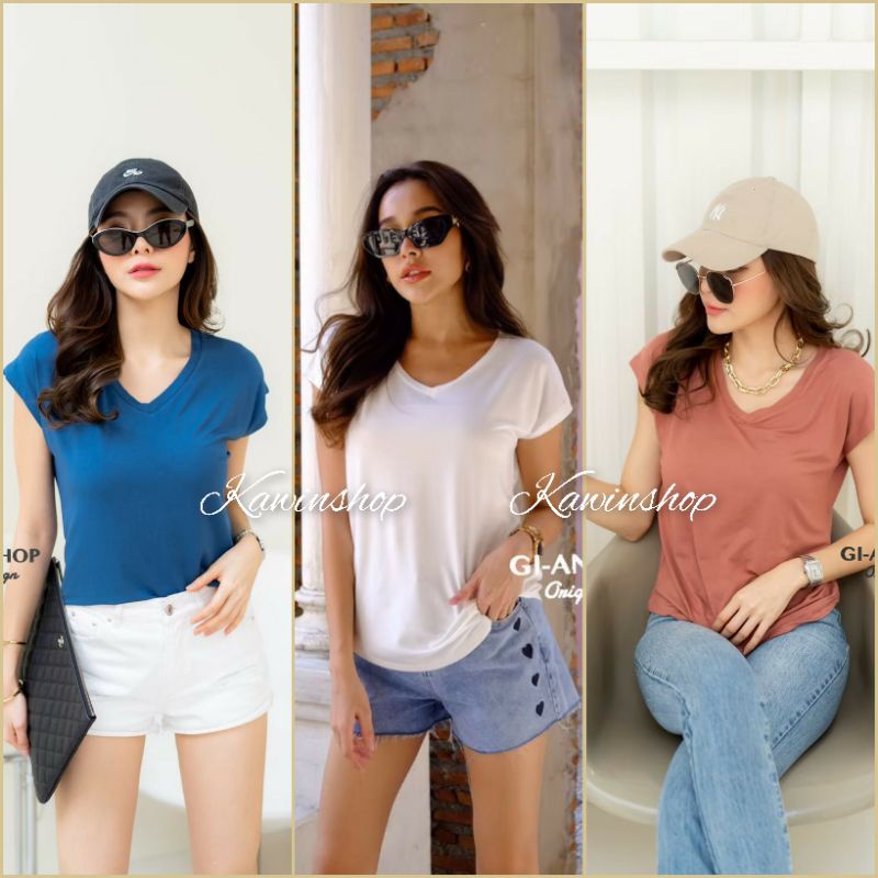 Gi-ants🌸 เสื้อยืดคอวีแขนในตัว ทรงสวย ผ้าเรย่อนเกรดดี🌸เนื้อนิ่ม