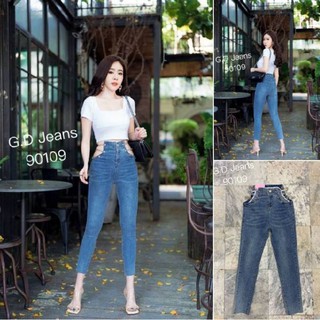 G.D.Jeans รุ่น 90109#กางเกงยีนส์แฟชั่นขายาวผ้ายืดเอวสูงแต่งลูกโซ่ข้างขอบเอวกางเกงแบบสุดเก๋