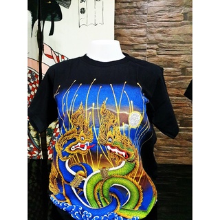 เสื้อยืด เสื้อผ้าผู้ชาย-ผู้หญิง เสื้อยืด สีดำ คอกลม แขนสั้น เสื้อลายพญานาคคู่กัน สกีนหน้าหลัง (ลายไทย)
