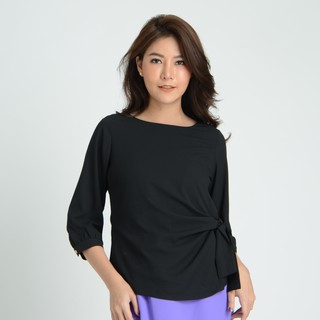 GSP BLOUSE  เสื้อจีเอสพี เสื้อไม่มีปก แขนยาวสามส่วน สีดำ มีดีเทลผูกด้านหน้า (SL41BL)