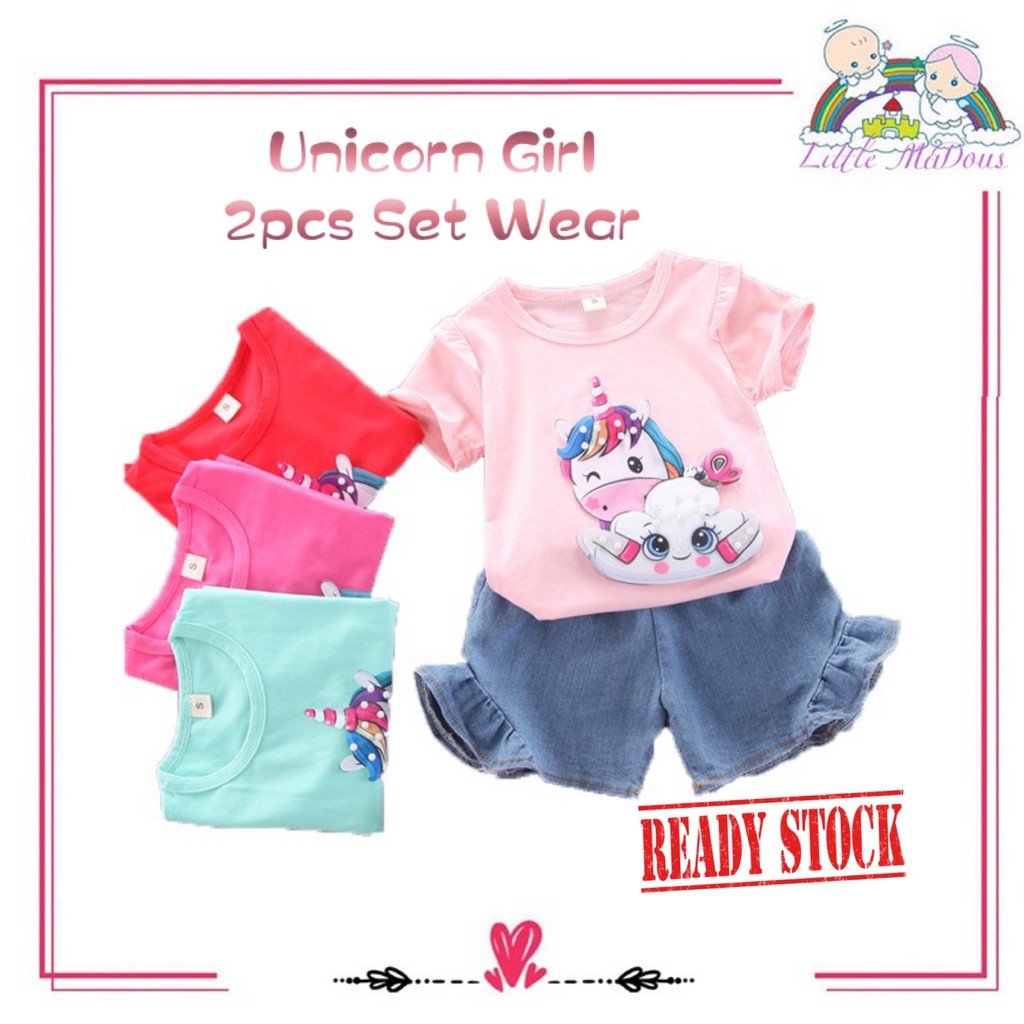เด็กทารกผู้หญิงแขนสั้นและกางเกง Unicorn 2 ชิ้นชุดชุด baju kanak Perempuan FG-004
